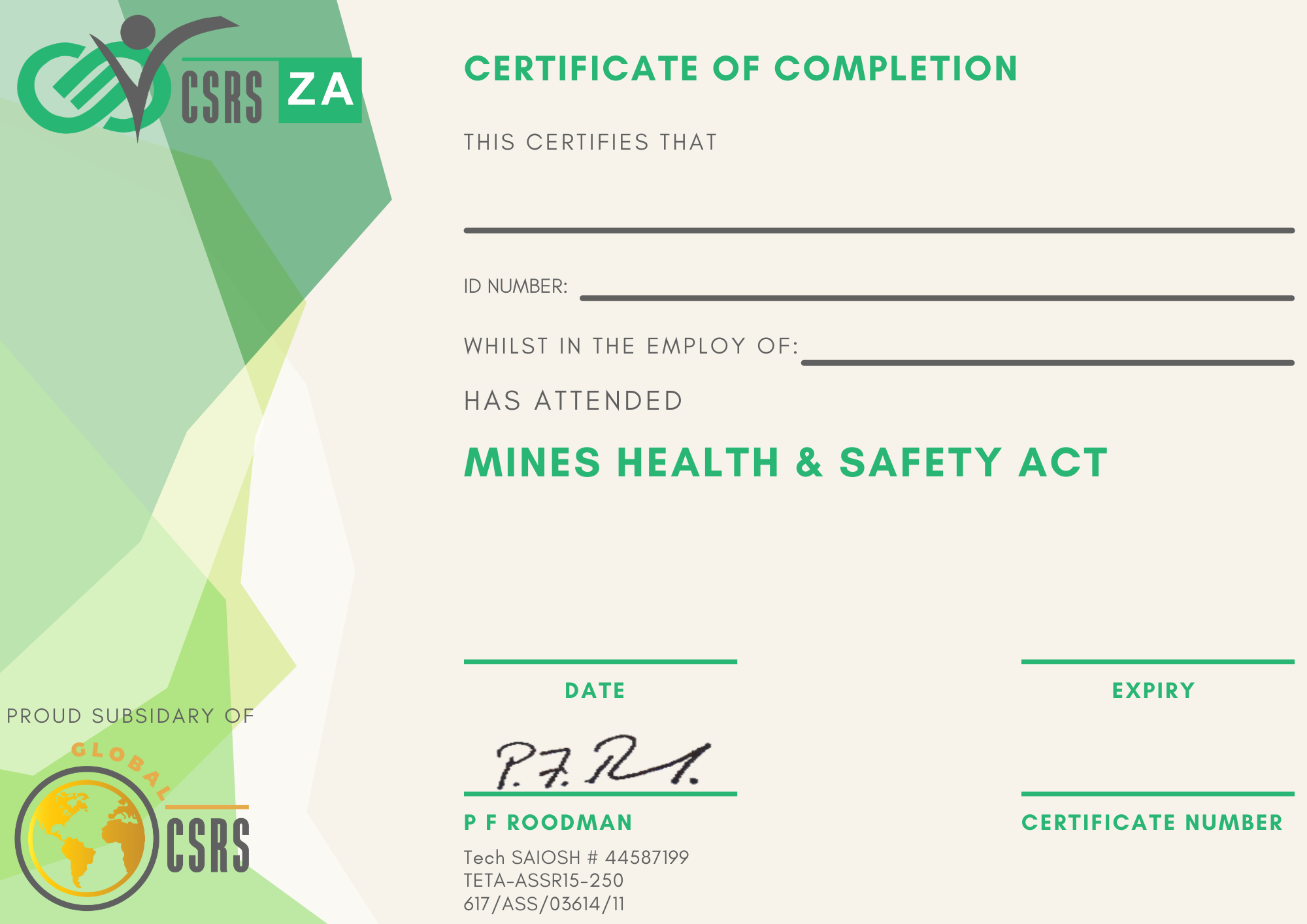 OHS Part P Mines Health & Safety Act Training Course Complete